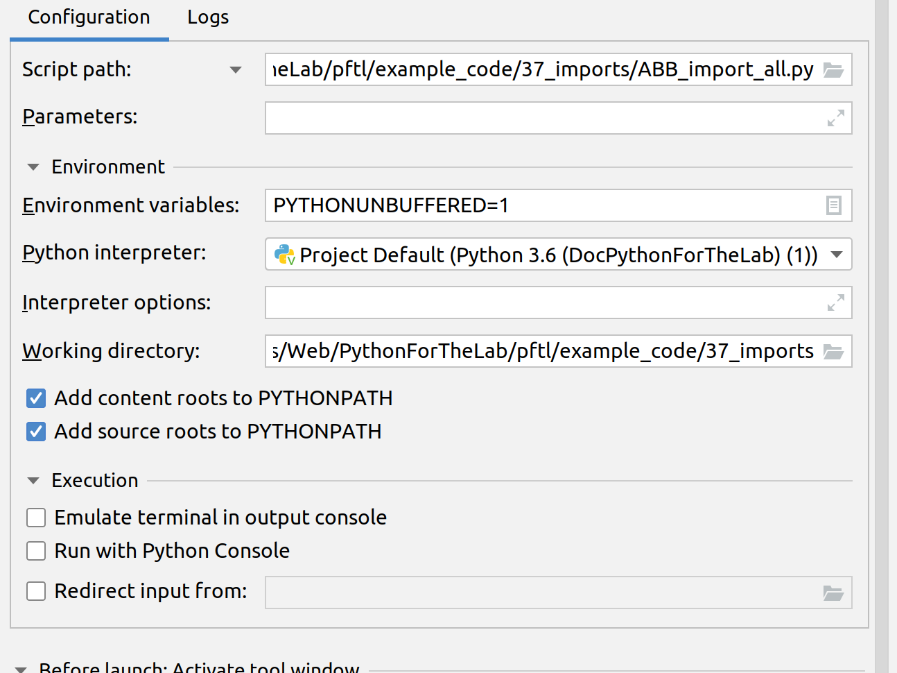 PyCharm edit configuration menu